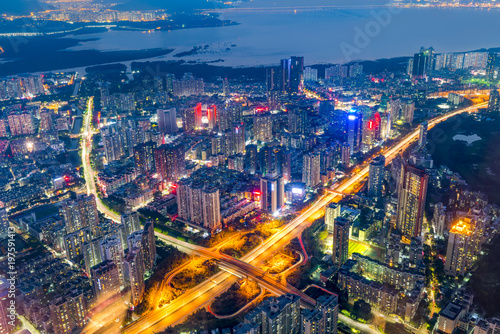 A bird's eye view of the night scene of urban architectural landscape in Shenzhen