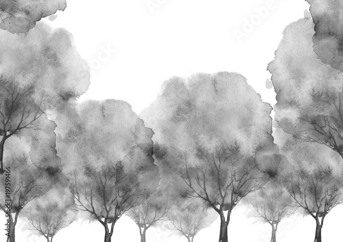Foto Watercolor postcard with a picture of a silhouette of trees, branches