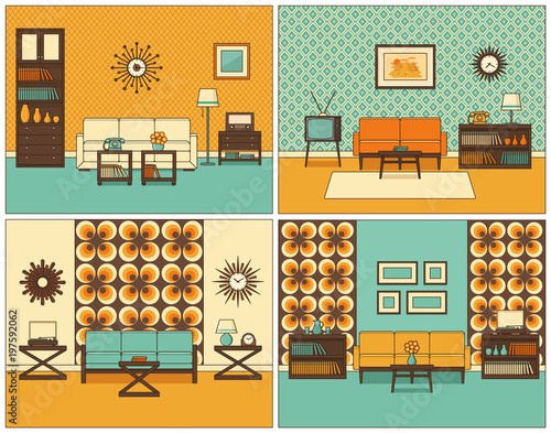 Living room interior. Vector. Linear rooms with furniture. Retro line home space, house equipment. Flat thin line art style illustration. Set of outline sketch. Vintage design background 1960s.