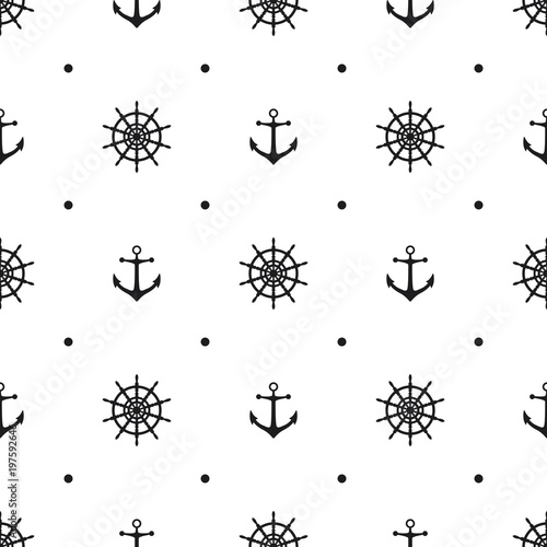 Seamless pattern with icons of steering wheel and anchor on a white background