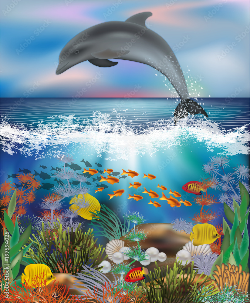 Naklejka premium Tropical underwater background with Dolphin and pearls , vector illustration