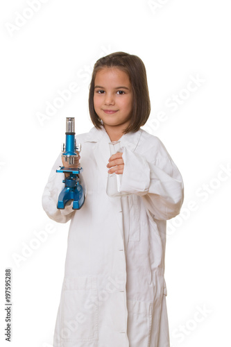 Little laboratory girl in over sized medical uniform. Isolated on white background.