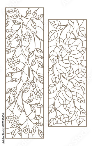 Set of contour illustrations of stained glass Windows with tree branches, Rowan and Apple tree branch, dark contours on white background
