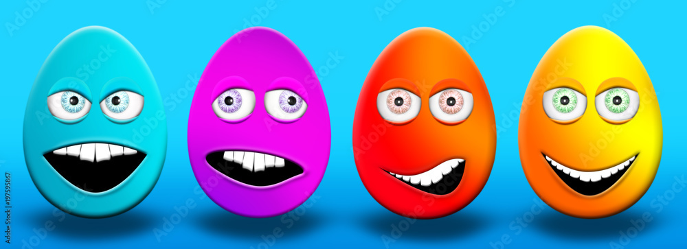 Easter Eggs With Eyes and Mouth Feeling Happy, Confused, Angry and Stupid 3D Illustration