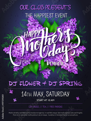 vector hand drawn mothers day event poster with hand lettering text - mother's day and lilac flowers and doodle branches