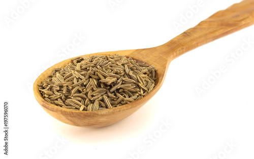 Cumin seeds in spoon isolated on white background