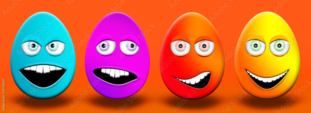 Easter Eggs With Eyes and Mouth Feeling Happy, Confused, Angry and Stupid 3D Illustration Easter Eggs With Eyes and Mouth Feeling Happy, Confused, Angry and Stupid 3D Illustration