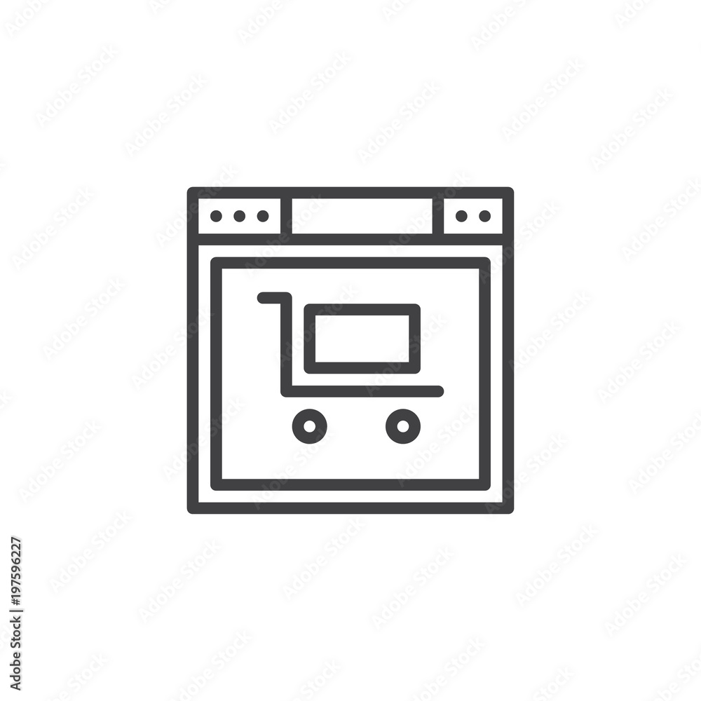 Browser window with trolley outline icon. linear style sign for mobile concept and web design. Online shopping simple line vector icon. Symbol, logo illustration. Pixel perfect vector graphics Browser window with trolley outline icon. linear style sign for mobile concept and web design. Online shopping simple line vector icon. Symbol, logo illustration. Pixel perfect vector graphics