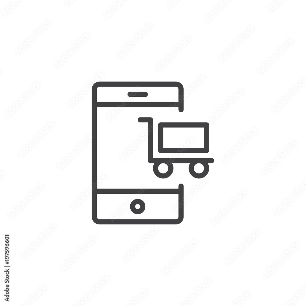 Mobile phone with shopping cart outline icon. linear style sign for mobile concept and web design. Mobile shopping simple line vector icon. Symbol, logo illustration. Pixel perfect vector graphics
