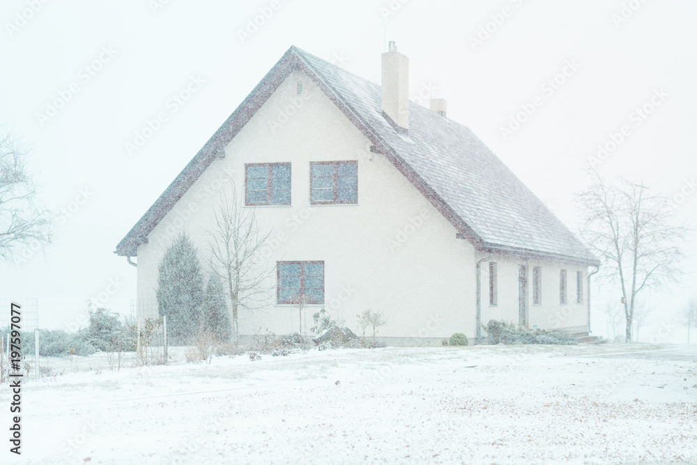 Blizzard at farm in countryside. Fields covered in fog, snow covered trees. Blizzard at farm in countryside. Fields covered in fog, snow covered trees.