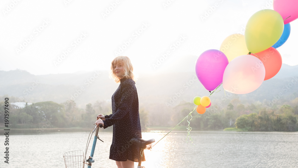 Fototapeta premium Happiness concept, Close up shot of young woman have a happy time