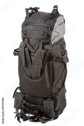 large backpack, combined color, filled, standing back side, on white background