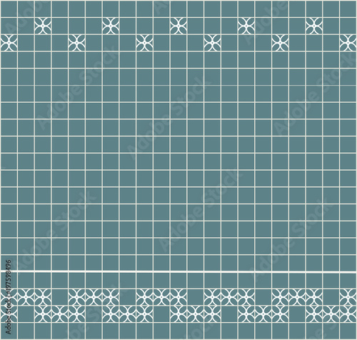 Tile decoration. Steal teal square tiles with decor. Interior design for kitchen, bathroom, toilet. Background pattern. Decor element.
