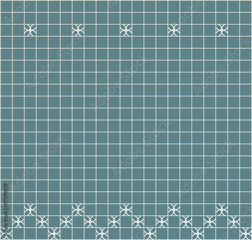 Tile decoration. Steal teal square tiles with decor. Interior design for kitchen, bathroom, toilet. Background pattern. Decor element.

