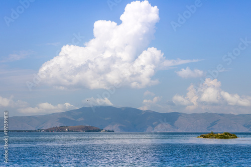 The lake in blue water among mountain tops. Lake Sevan. Armenia