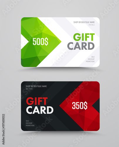 Template of a white and black gift card with polygonal abstract elements and arrows.
