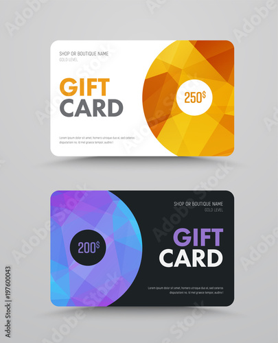 Template of a white and black gift card with polygonal abstract elements and a semicircle.