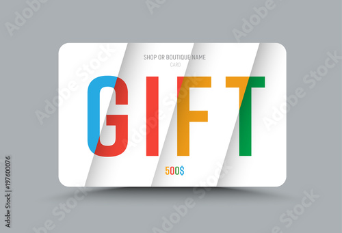 Template of a gift card of white color with multi-colored text at different levels of height on soaring sheets.