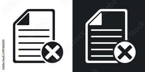 Vector document icon with delete or abort glyph. Two-tone version on black and white background