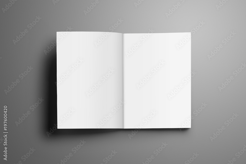 Universal blank opened A4, (A5) magazine with soft realistic shadows isolated on gray background. Universal blank opened A4, (A5) magazine with soft realistic shadows isolated on gray background.