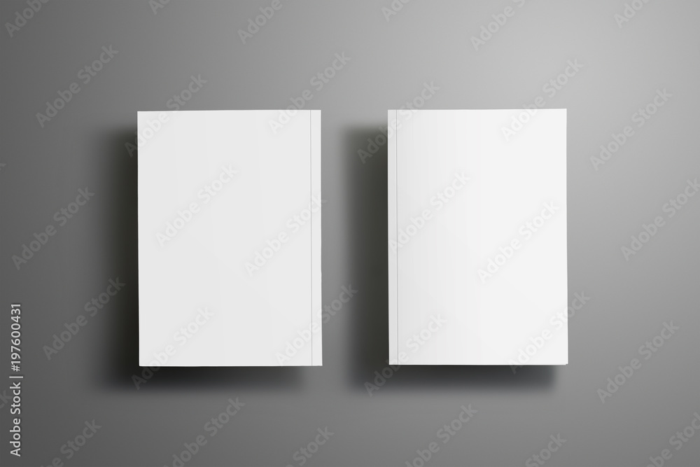 Two elegant blank closed A4, (A5) brochures with soft realistic shadows isolated on gray background. Two elegant blank closed A4, (A5) brochures with soft realistic shadows isolated on gray background.