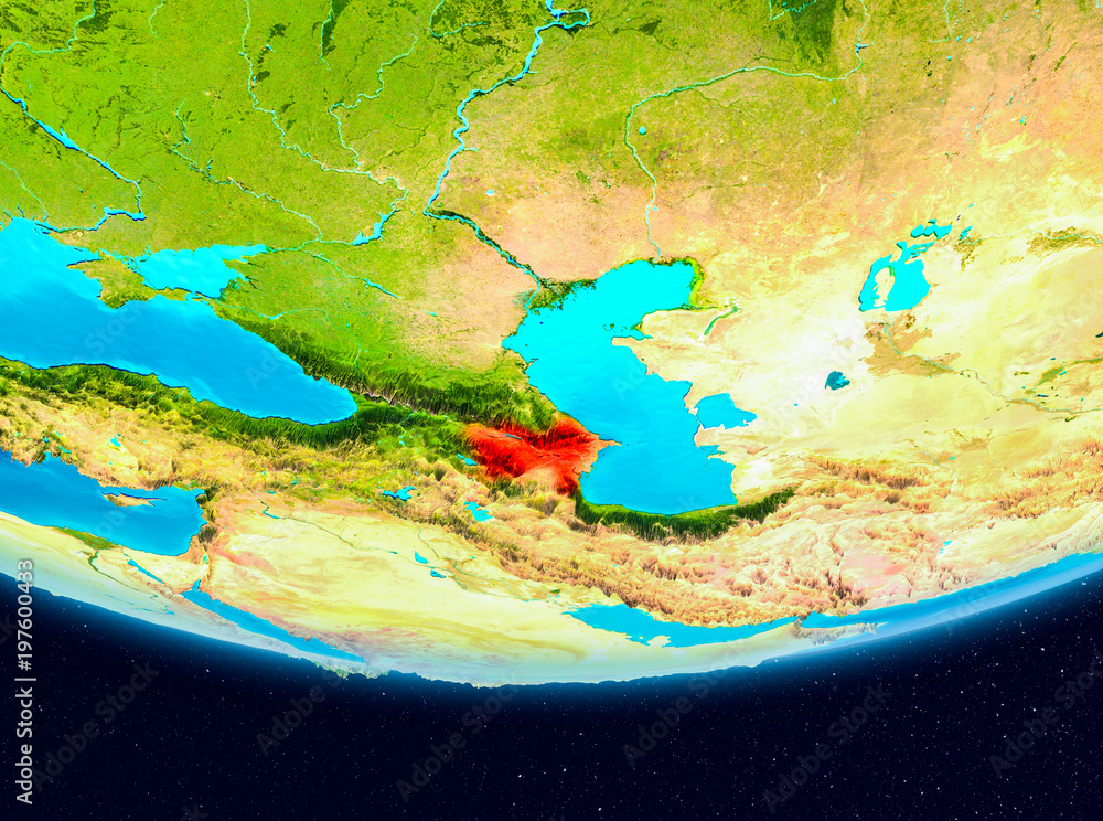 Satellite view of Azerbaijan in red