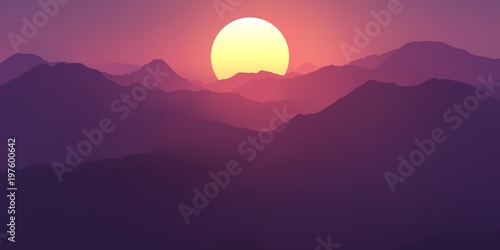Pink and purple sunset in the mountains. Mountain landscape with a great sun. Realistic vector illustration.