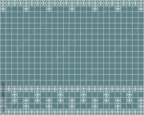 Tile decoration. Steal teal square tiles with decor. Interior design for kitchen, bathroom, toilet. Background pattern. Decor element.
