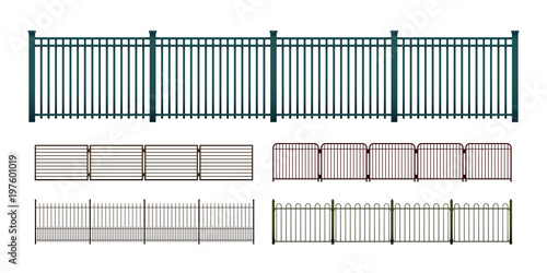 Painted metal fences isolated on white, vector set of various simple modular horizontally seamless fencing elements, a flat art illustration