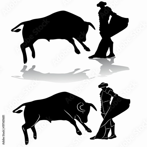 silhouette of matador and bull , vector draw