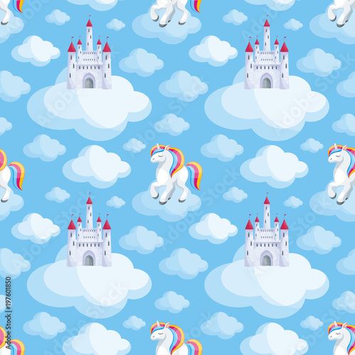 Fairy children seamless pattern with the image of cute unicorns. Colorful vector background in cartoon style.