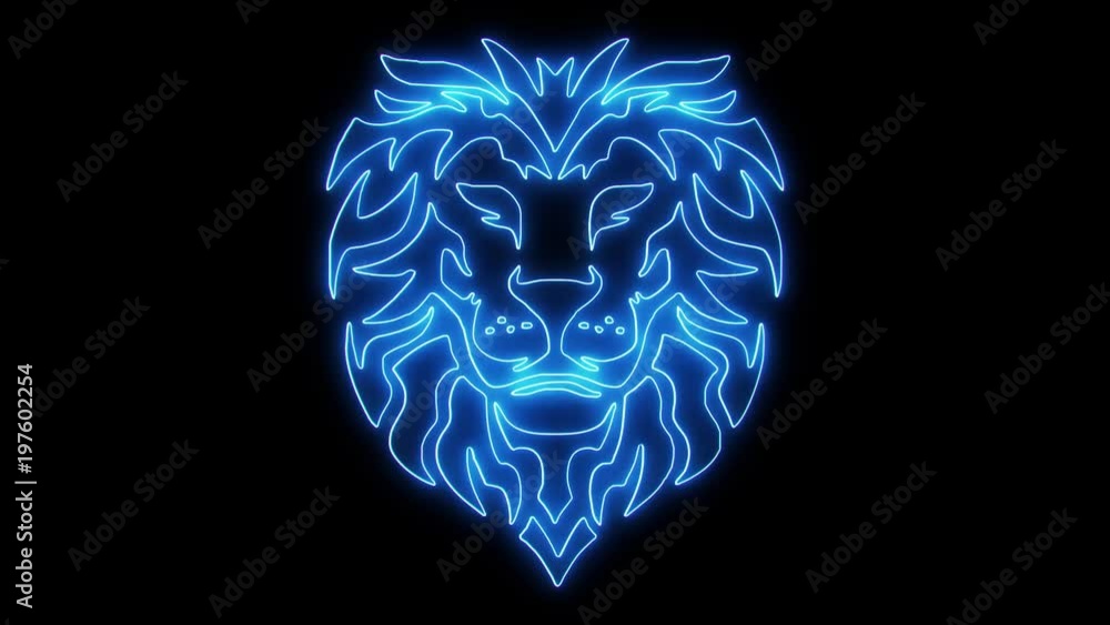 Blue Neon Lion Head Animated logo Loopable Graphic Element V1