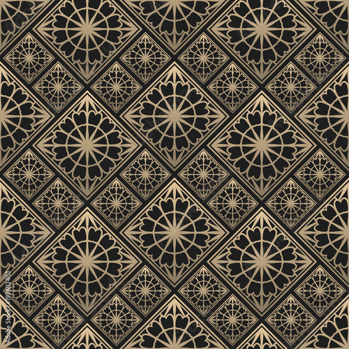 Seamless pattern oriental ornament. Black and golden textile print. Islamic vector design. Floral tiles.