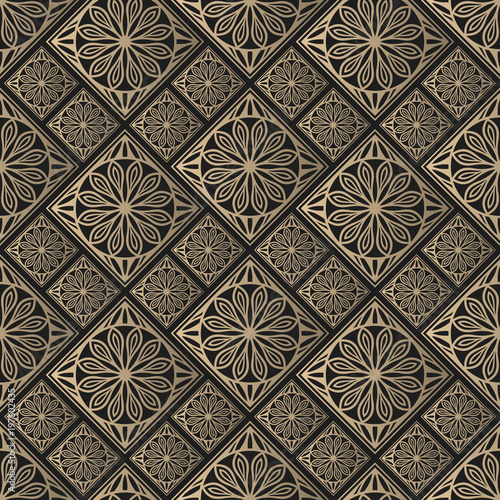 Seamless pattern oriental ornament. Black and golden textile print. Islamic vector design. Floral tiles.