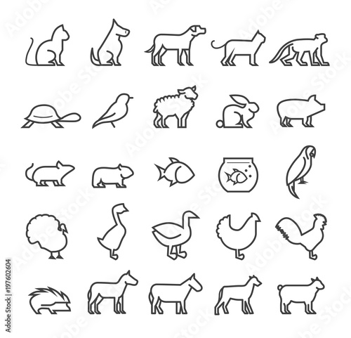 Set of Quality Universal Standard Minimal Simple Black Thin Line Pets and Farm Animals on White Background