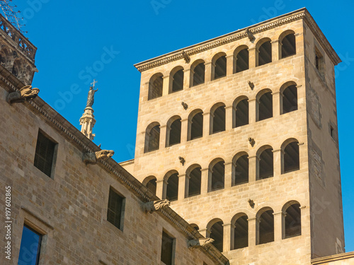 King's Martin Watchtower in King Square. Gothic Quarter in Barcelona, Catalonia, Spain