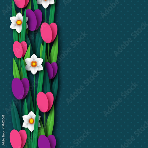 Fototapeta Naklejka Na Ścianę i Meble -  Paper cut spring flowers tulip and narcissus. Template for greeting card, holiday background. Papercraft style. Vector illustration.