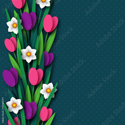 Fototapeta Naklejka Na Ścianę i Meble -  Paper cut spring flowers tulip and narcissus. Template for greeting card, holiday background. Papercraft style. Vector illustration.