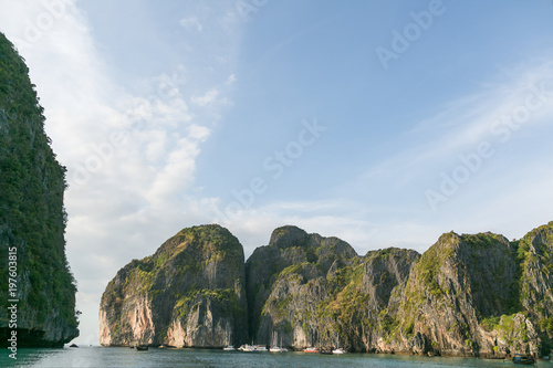 beautiful scenic view of blue sky, ocean and rocky formations, phi phi islands