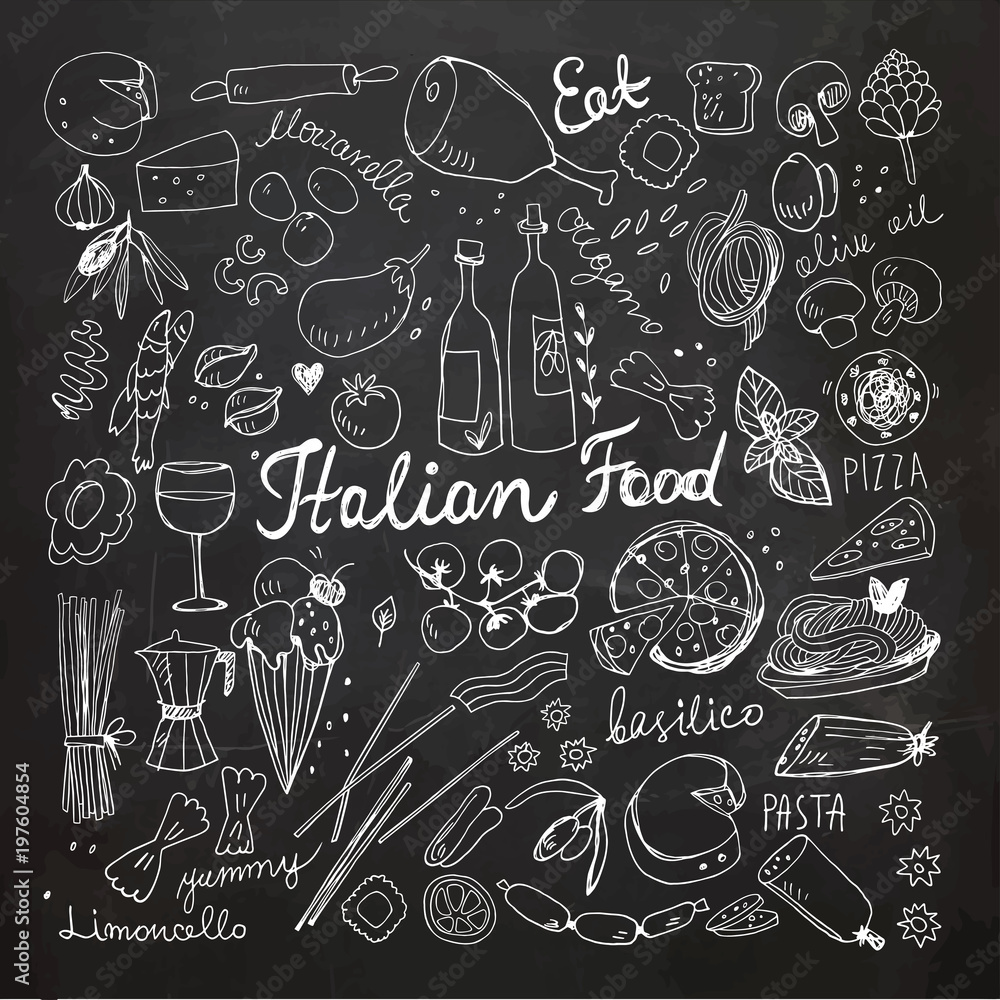 Chalkboard Italian Food Doodle Collection. Vector Illustration