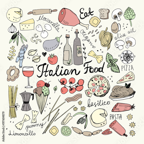 Hand Drawn Italian Food Doodle Collection. Vector Illustration