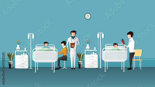 Doctor checking a patient in the hospital, Hospital room interior - Vector illustration 