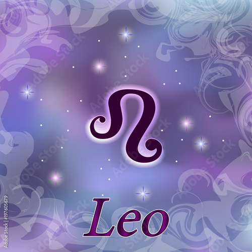 Leo Zodiac sign on watercolor cosmic celestial background.
