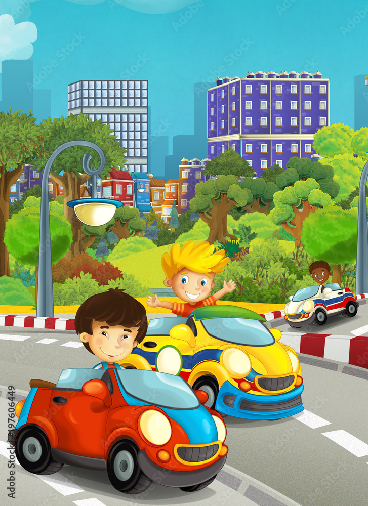 cartoon funny and happy looking child - boy in racing car on race track ...