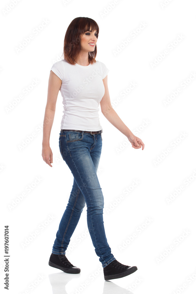 Casual Woman Is Walking Front Side View Isolated Casual Woman Is Walking Front Side View Isolated