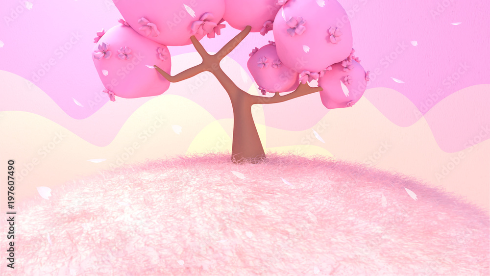 Cartoon cherry tree and pink grass hill. 3d rendering picture.
