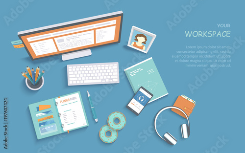 Top view of workplace supplies, monitor, keyboard, notebook, headphones, phone, donuts, photo frame. Modern and stylish workspace, organization of work at home. Vector background