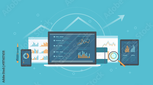 Audit, research, accounting, analysis concept. Web and online mobile service. Documents, charts graphs on screens of a laptop, phone, tablet, magnifying glass. Business background banner. Vector 