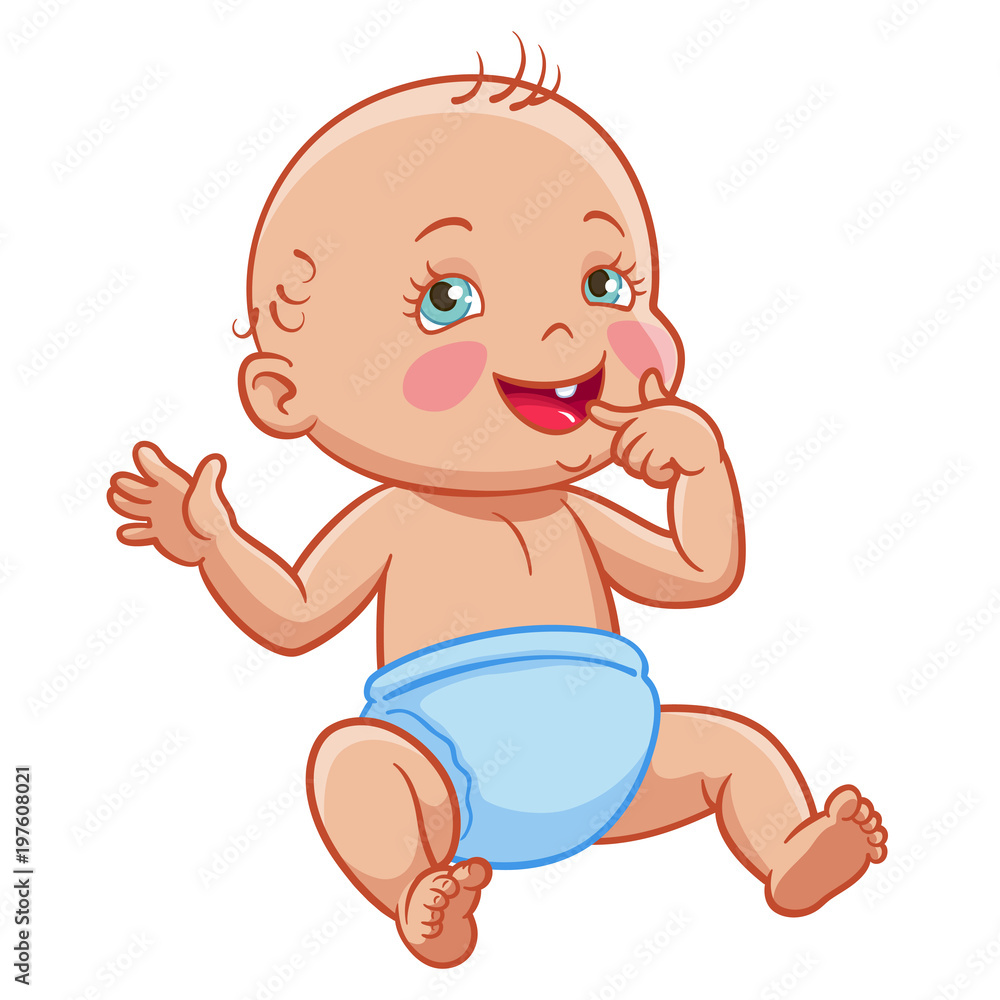 Vector cartoon cute infant baby sitting smiling in diaper. Illustration  with girl or boy character, male, female happy kid with finger in mouth.  Newborn innocent child on isolated background Stock Vector |