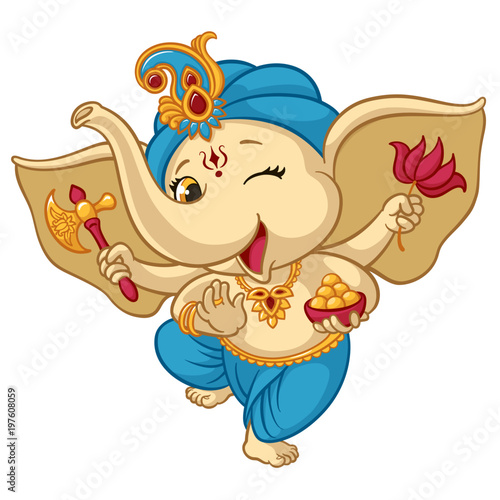 Ganesha elephant cartoon vector illustration for traditional Hindu festival. Isolated happy baby Ganesha elephant in traditional Indian clothes for Ganesha Chaturthi holiday greeting card design